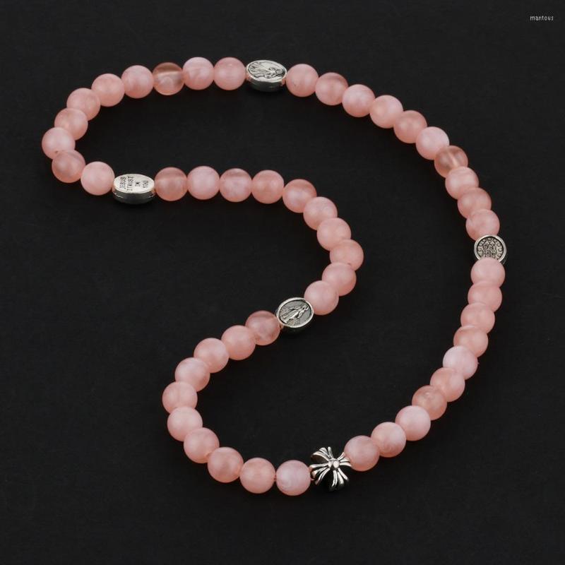 

Strand Diyalo Pink Stone Beaded Chain Double Rows Cross Five Decades Rosary Jesus Christ Catholic Bracelet Hands Holding Pray Jewelry