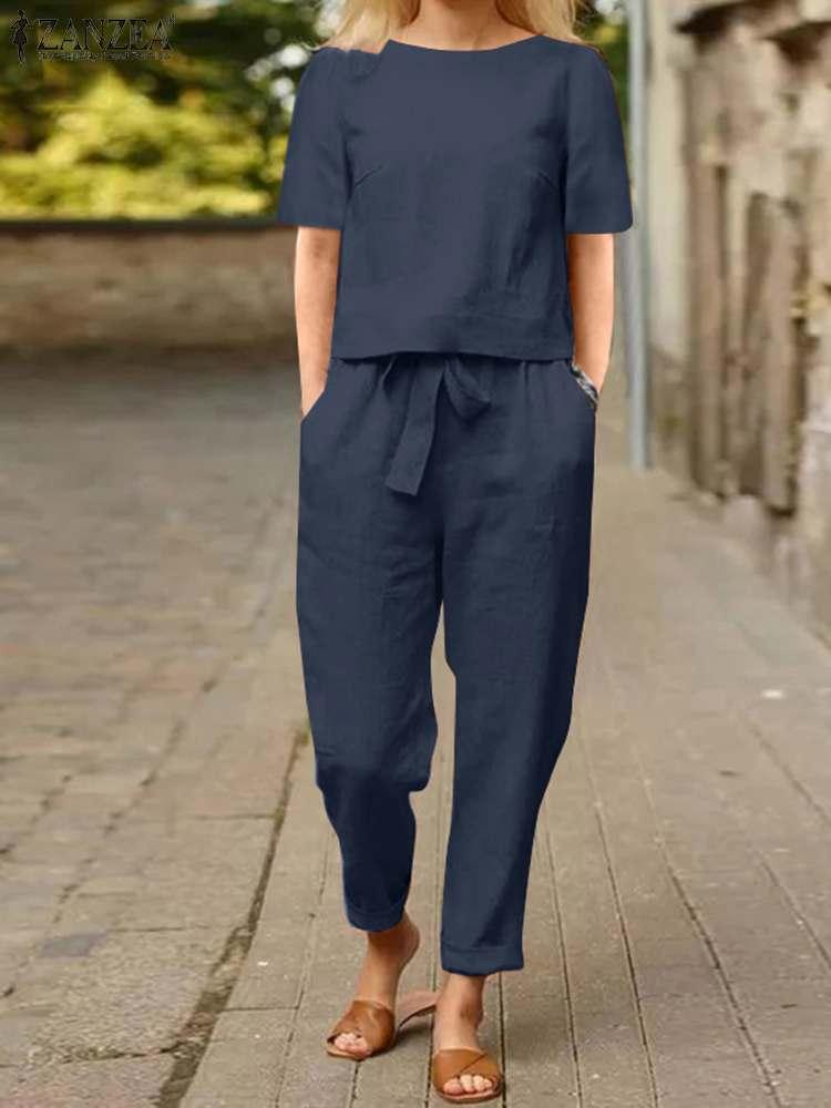 

Pants ZANZEA SUMMER CASUAL SHORT SLEEVE BLOUSE HAREM PANTS SETS 2PCS MATCHING SETS WOMEN TRACKSUIT LOOSE OUTIFIT SOLID TWO PIECE SETS, Navy