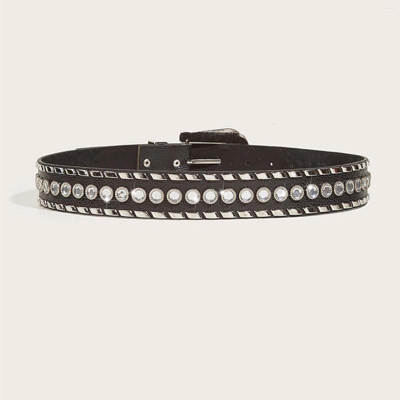 

Belts 41inch PU Leather Women Waist Belt Rhinestone Decoration Skinny Eyelet Strap Pin Buckle Band For Skirt Trousers, Black