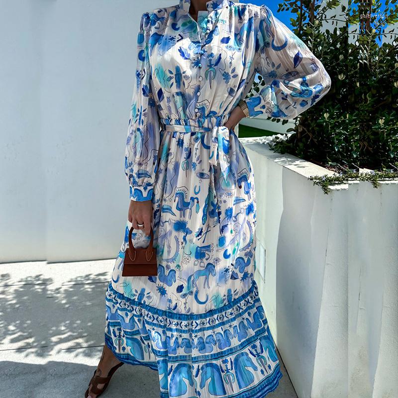 

Casual Dresses Chiffon Floral Print Bow Tie-Up Holiday Dress Spring Women Stand Collar Long Sleeve Pleated Beach Button Boho, 01 pink