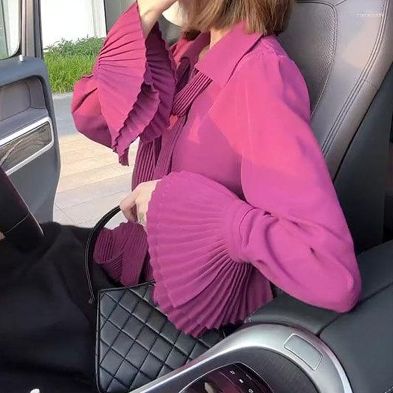 

Women's Blouses Office Lady Elegant Turn-down Collar Shirt 2023 Spring Autumn Solid Color Stylish Flare Sleeve Pleated Korean Drawstring, Apricot