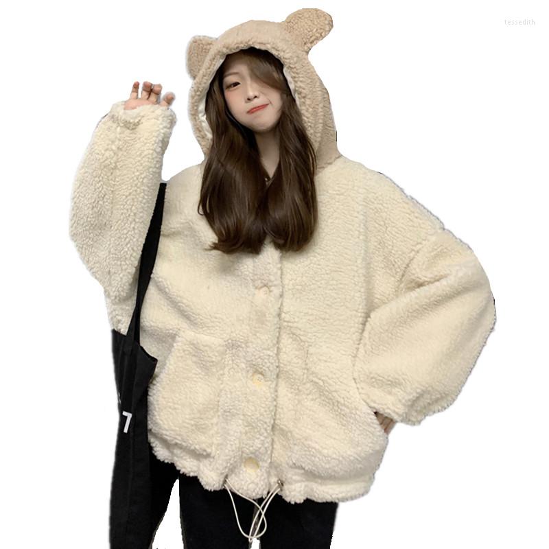 

Women's Hoodies 2023 Winter Women Button Up Kawaii Bear Ears Hooded Casual Pocket Solid Color Warm Plush Fleece Drawstring Sweatshirt, Picture color