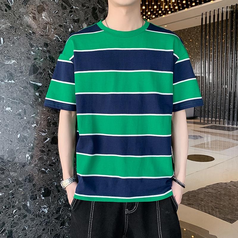 

Men's T Shirts Casual 2023 Summer Polo Shirt Short Sleeve Stripe T-Shirt Mens Hip Hop Tshirt Streetwear O-Neck Tees Youth Loose Top Clothes, Green purple