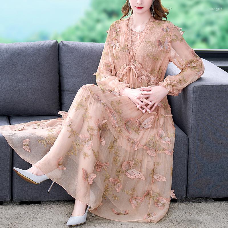 

Casual Dresses Heavy-Duty Embroidered Silk Dress Women Spring Summer 2023 Imitation Mulberry Temperament Mid-Length Skirt, Picture shown