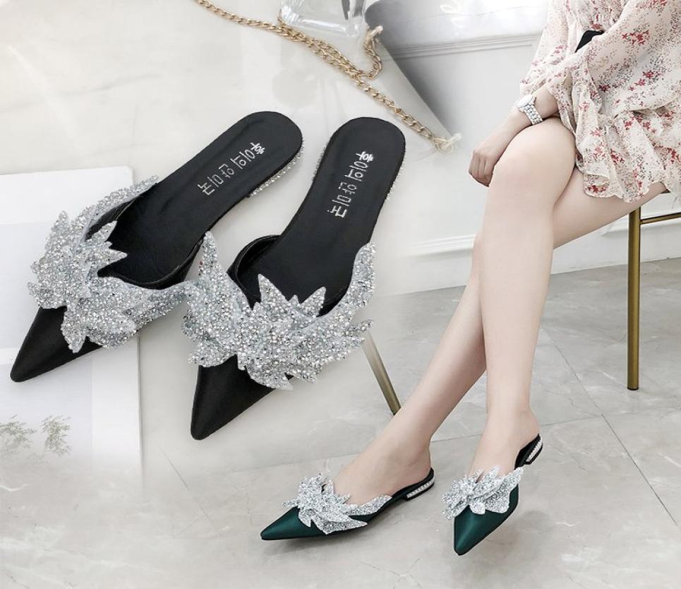 

2018 Selling Slippers Heavy Beading Sequined Pointed Toe Satin Slides Flat Mules Summer Fashion Shoes Women6968229, Green