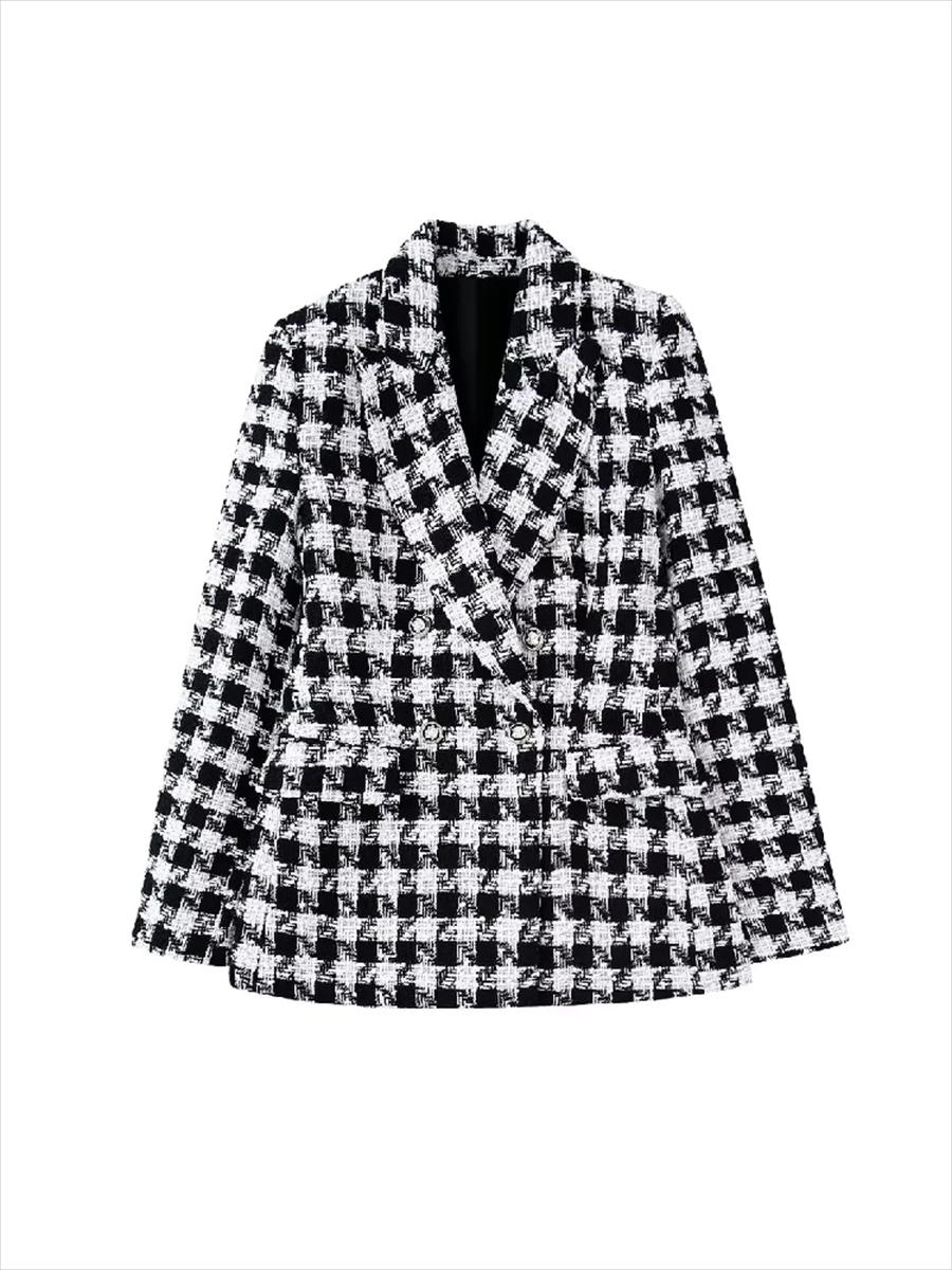

Pants Women Fashion Houndstooth Plaid Full Sleeves Blazer Coat 2022 New Flap Pockets Double Breasted Office Lady Female Outerwear, Black