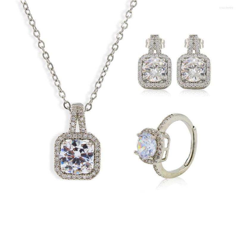 

Necklace Earrings Set Wedding Coppers Jewelry Moissanite Square Cubic Zirconia Earring Ring Sets Women Accessories Party Gift, Picture shown