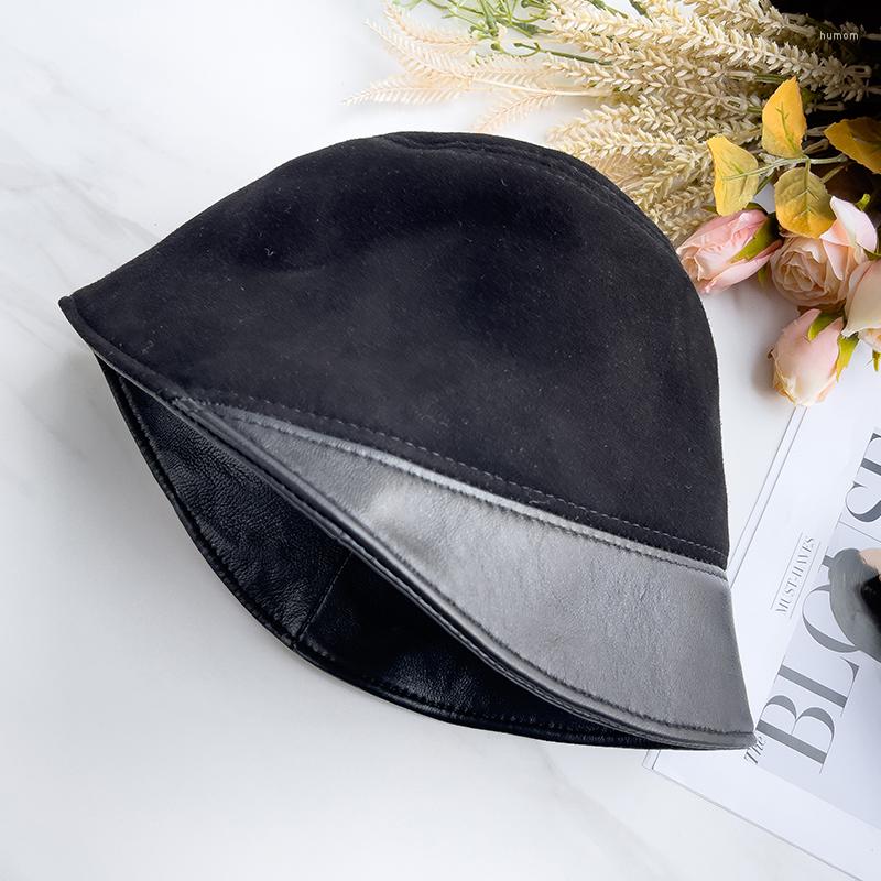 

Berets Pudi Women Genuine Sheep Leather Beret Caps Female Fashion Sun Hats HL210, Black