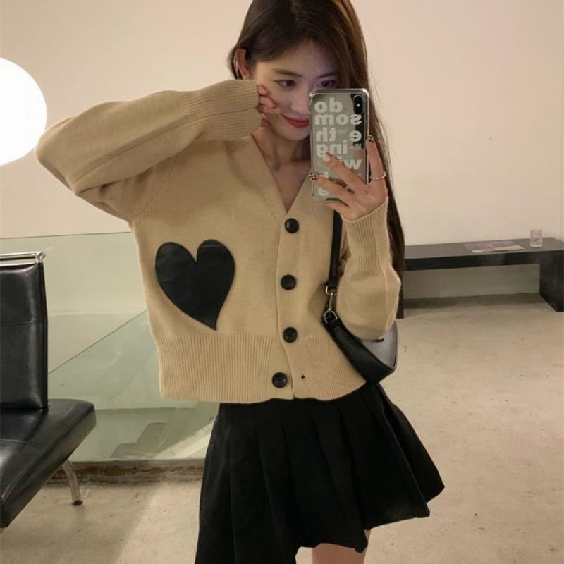 

Women's Sweaters Fashion Long Sleeve Cashmere Sweater Cardigan Casual Leather Love Heart For Women Crop TopsWomen's, Black