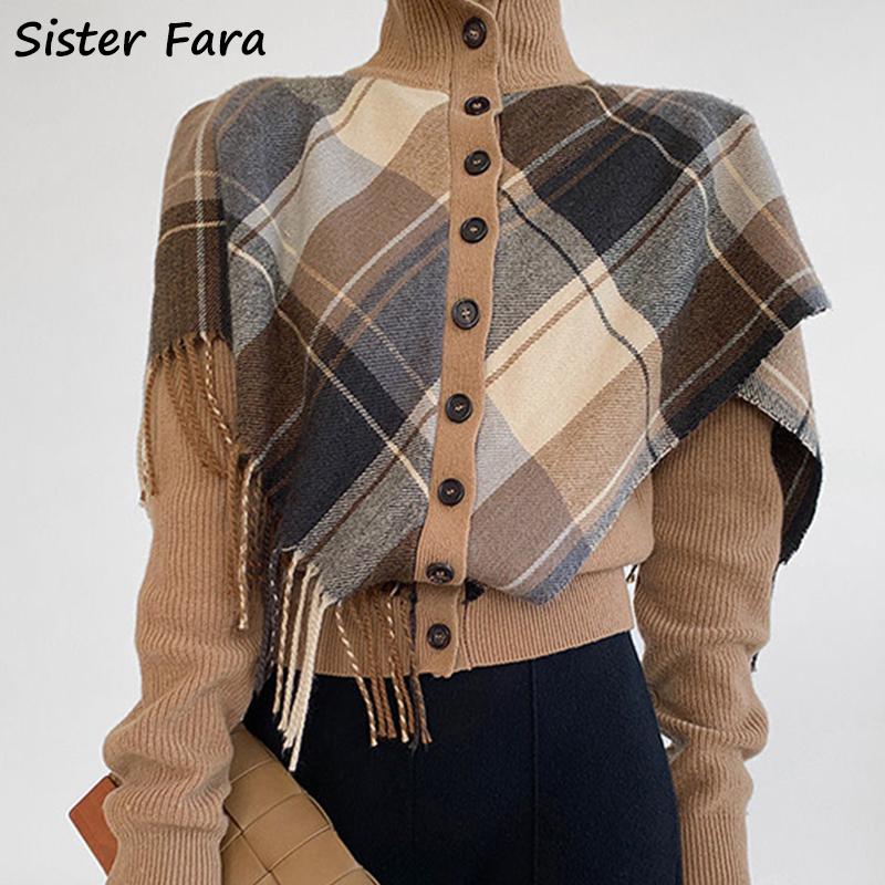 

Sweaters SISTER FARA 2022 SPRING AUTUMN NEW PLAID CARDIGAN TOP SHAWL FAKE TWOPIECE WOMEN'S KNITTED SWEATER COAT TURTLENECK SWEATER SUIT, As picture