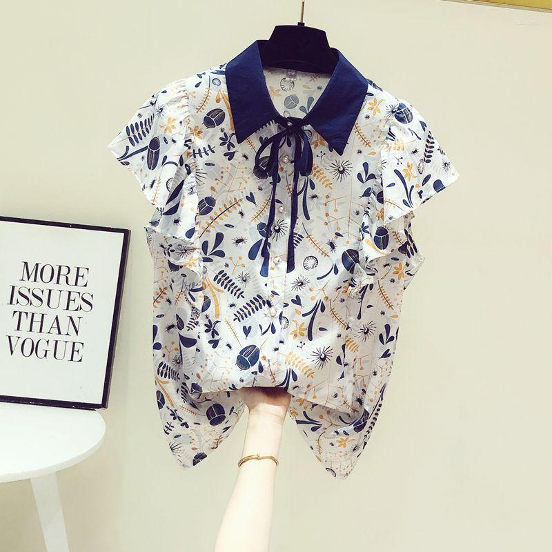 

Women's Blouses French Style Small Fresh Floral Blouse Women 2023 Summer Short-sleeved Colorful Chiffon Shirt Loose Female Tops, Navy blue