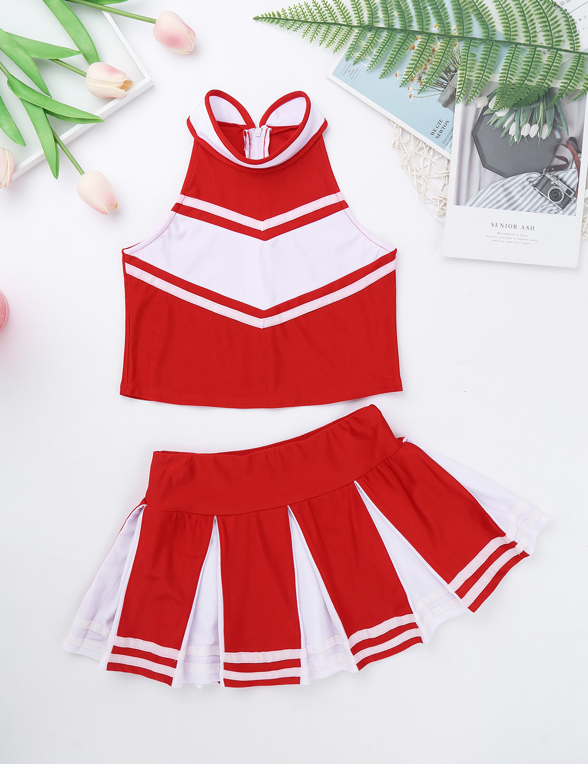 

Cheerleading Kids Girls Cheerleading Costume Cheerleader Outfit Sleeveless Zippered Tops with Pleated Skirt Set School Girls Cosplay Party 230420