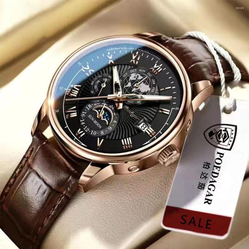 

Wristwatches Fashion Business Mens Watches Top Quartz Clock Waterproof Luminous Man Military Leather Sport Date Wrist Watch, 1 with box