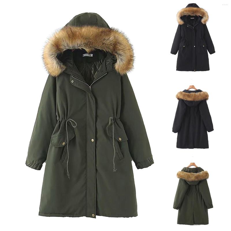 

Women's Jackets Jacket Large Size Collar Was Thick Thinner Warm Long Waist Cotton-Padded Hooded Drawstring, Army green