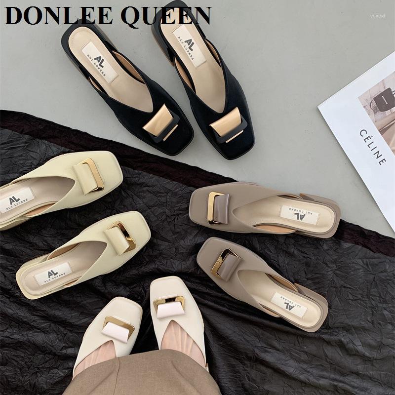 

Slippers 2023 Brand Mule Shoe Women Elegant Ladies Slide Low Heel Outdoor Flip Flops Metal Buckle Casual Sandal Female Mujer, Black