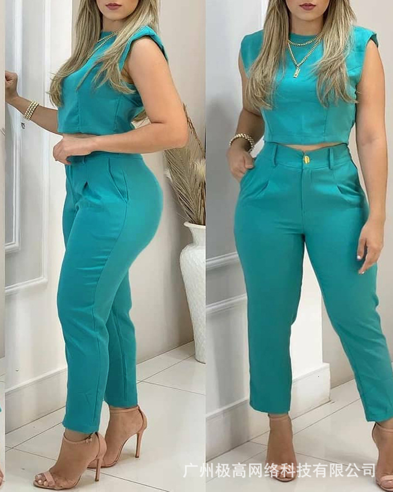 

Women' Two Piece Pants Women' summer blue casual suit 230419