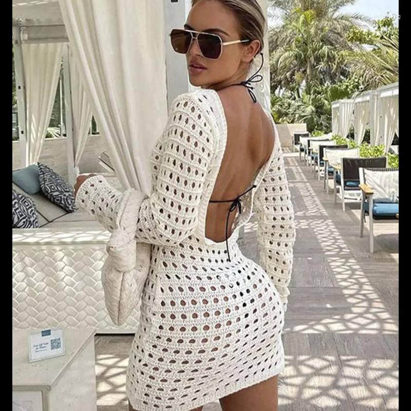 

Women' Swimwear Pareo For The Beach Wear Women Cover Swimsuit 2023 Sexy Backless Knit Skirt Hollow Out Smock Long Sleeve Dress Female Solid, Rice white