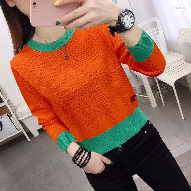 

Women's Blouses Fashion O-Neck Spliced Korean Blouse Women's Clothing 2023 Spring Loose Casual Pullovers All-match Commute Shirt, Orange