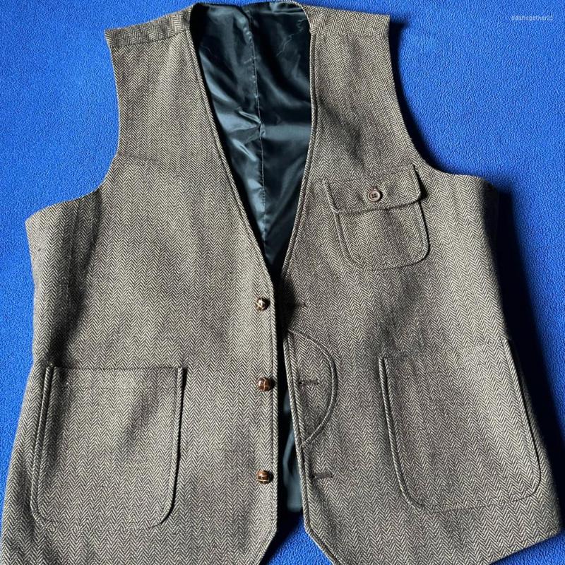 

Men's Vests Men Suits Herringbone Wood Vest V Neck With Real Pocket Slim Fit Formal Business Waistcoat For Groomsemen Wedding, Coffee