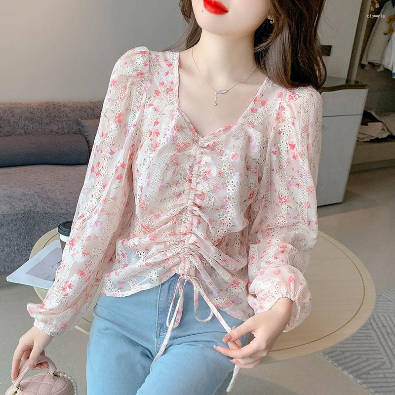 

Women' Blouses Embroidered Floral Drawcord Design Sense Women Shirt Chic Top Autumn Long Sleeve Short Beautiful Foreign Style Blouse Female, Pink