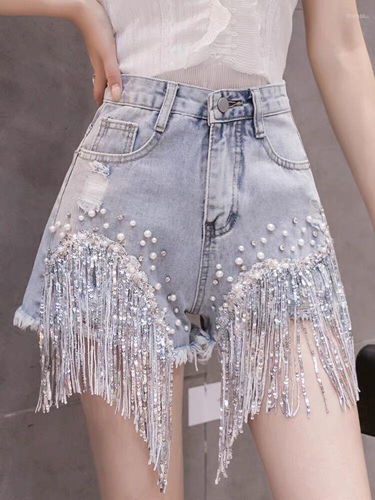 

Women' Shorts Y2K Chic Tassel Denim Ripped Distressed Jeans Women Summer Fashion Streetwear Night Club Bar Dance Party Korea, Sky blue