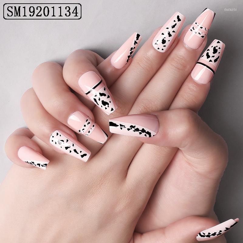 

False Nails High Quality 24pc Cow Pattern Nail Patch Glue Type Removable Long Paragraph Fashion Manicure, As