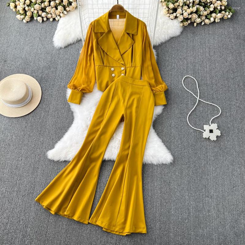 

Women's Two Piece Pants Fashion Women Outfits Suit Collar Splice Chiffon Top Casual High Waist Micro Flare Sets, Purple