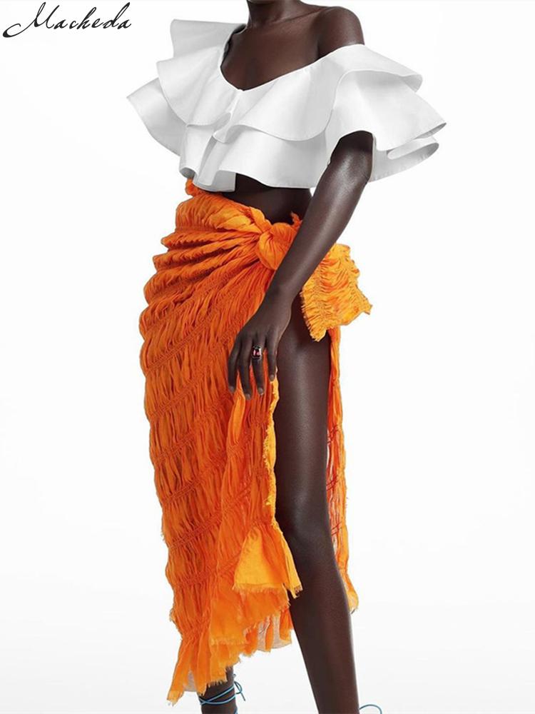 

Dresses Macheda Summer Fashion Solid Long Skirt Women Sexy Lace Up High Waist Folds Street Casual High Split Lady Orange Skirt 2021 New