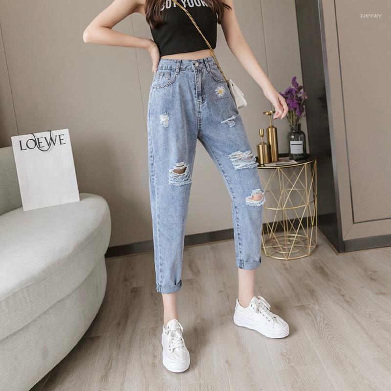 

Women's Jeans Women High Waist Straight Leg Pants Thin BF Tide Loose Cropped Trousers 2023 Streetwear Summer Embroidered Daisy Ripped, Blue trousers