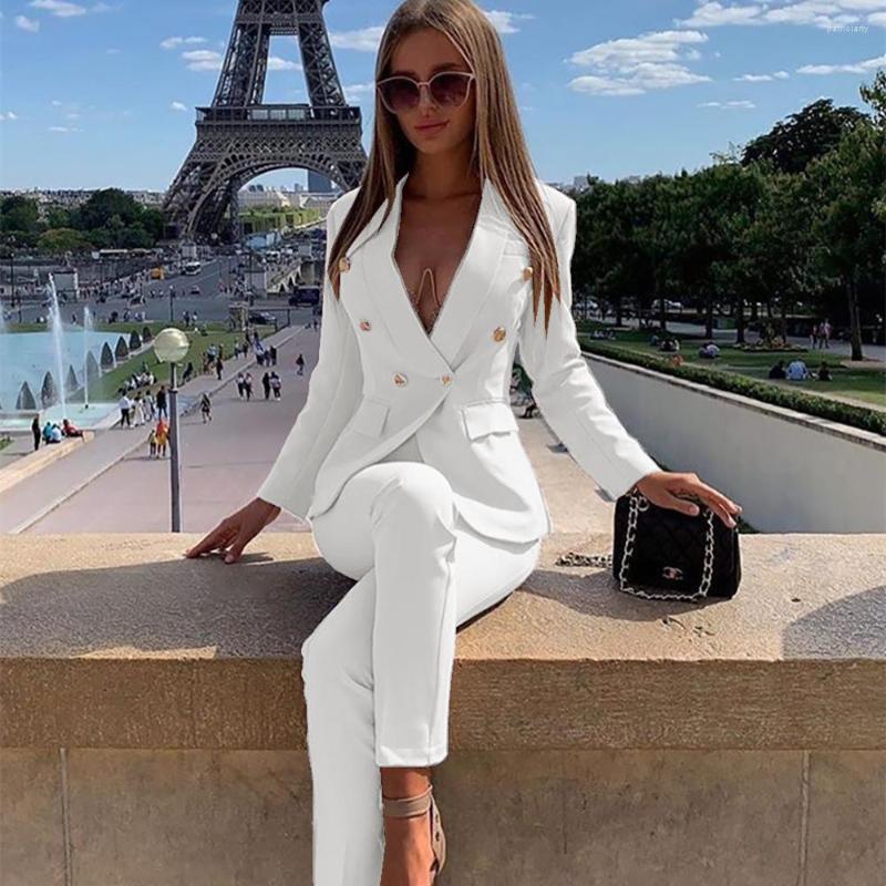 

Women's Two Piece Pants Ladies Women's Pantsuit Elegant White Pink Business Classic Double-breasted Buttons 2 Pieces Formal Party Suits, Brown
