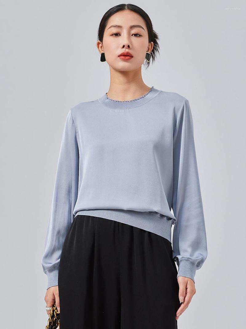 

Women's Blouses Birdsky 1PC Women Blouse Pullover Top Long Sleeve Rib Collar Cuff Sweep 90% Real Mulberry Silk 10% Spandex 3 Solid Color, Khaki