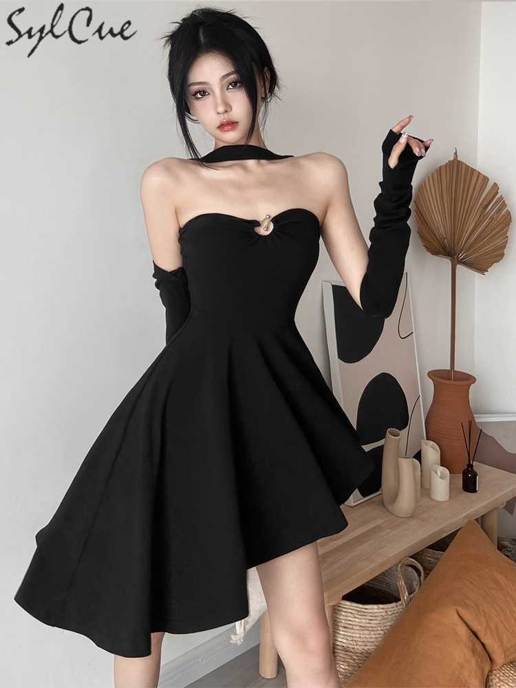 

Party Dresses Black Intellectual Elegant Personality Retro Art Slim Formal Dignity Irregular Hem Women's Halter Sexy Dress with Sleeves 230322