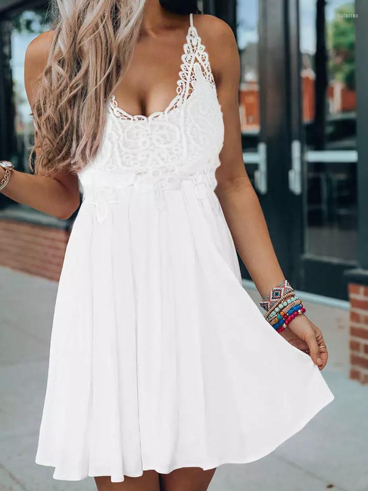 

Casual Dresses Women' Summer V Neck Adjustable Spaghetti Strap Lace Dress Backless White Beach Sundress Sleeveless Flowy Fairy Short, Ivory