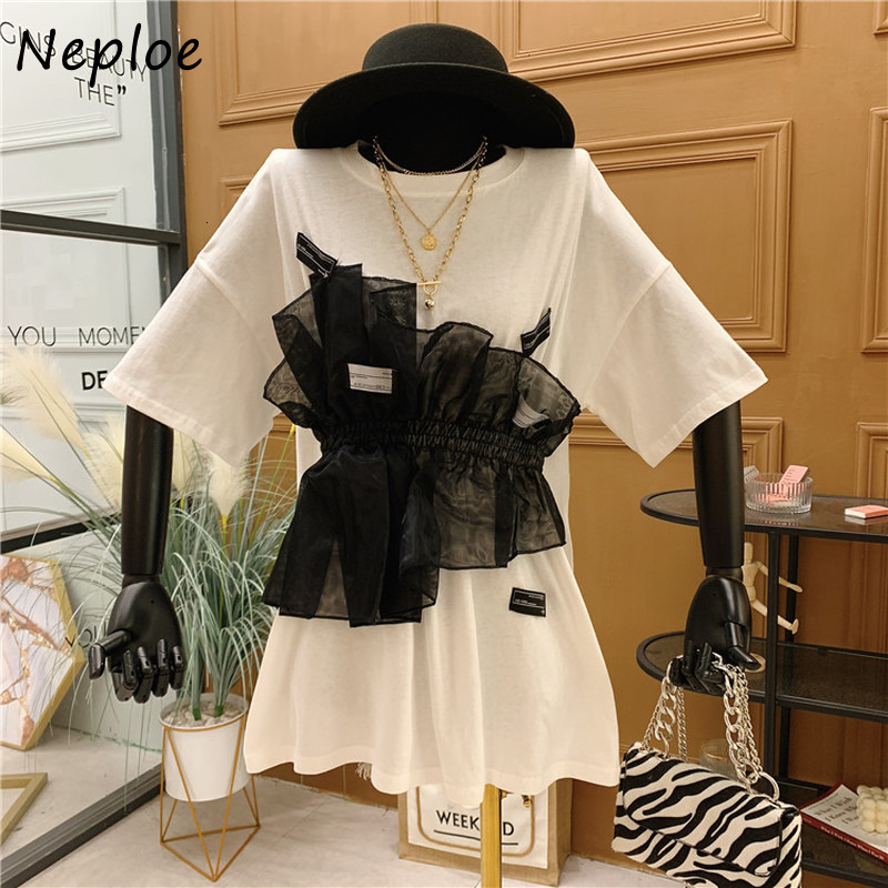 

Women's T-Shirt Neploe Fashion Saymmetrical Mesh Patchwork Fake 2 Pcs T Shirt Women O Neck Pullover Short Sleeve Tees Summer Cotton Ladies Top 230419, Black