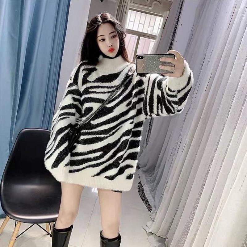 

Women' Sweaters Mink Fleece Zebra Pattern Round Neck Half Turtleneck Sweater Casual Knit Women' Winter Warmth, 01 style
