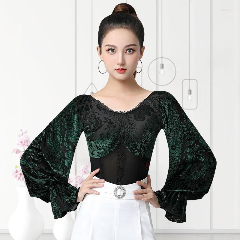 

Stage Wear Latin Dance Costumes For Women Sexy Flare Sleeved Practice Clothes Chacha Rumba Tango Dress Performance DN14251, Black top