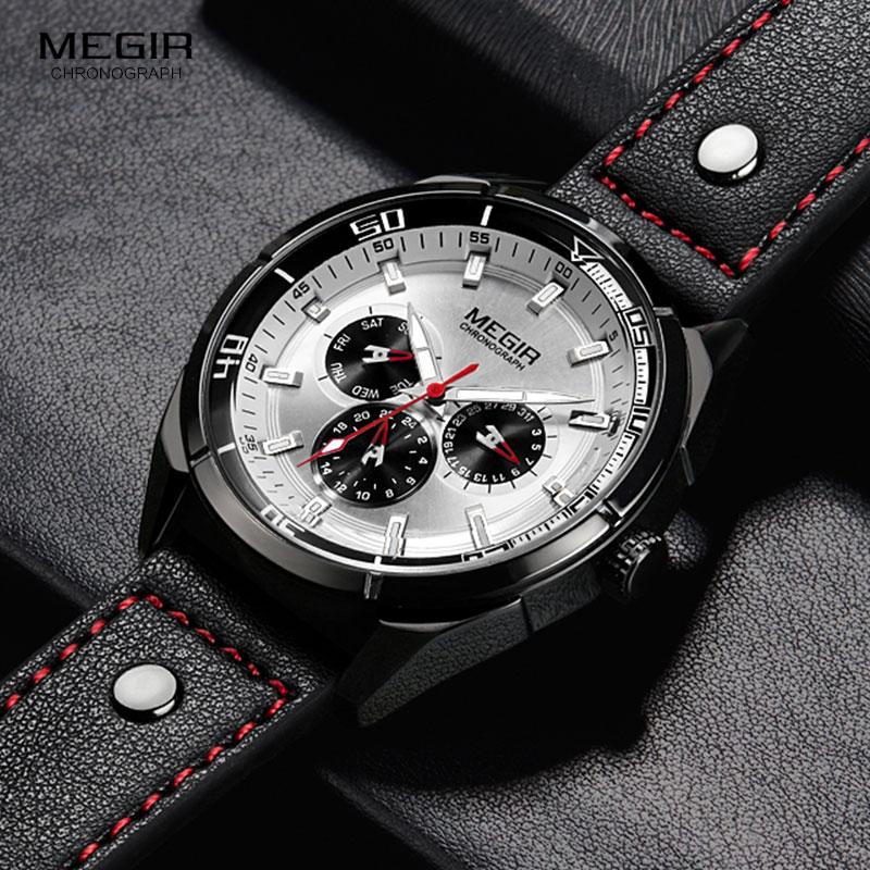 

Wristwatches Men's Black Leather Strap Quartz Watches Waterproof Luminous Wristwatch For Man 24-hour Week Date Display 2072G-BK-7, M2072g-black white
