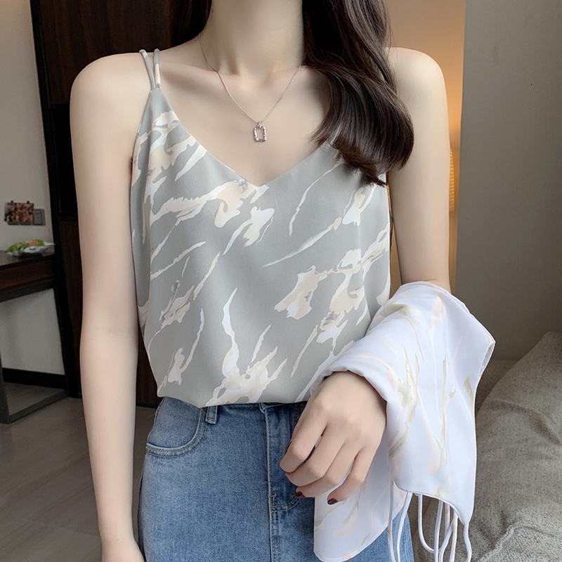 

Camisoles Tanks Women Camisoles Summer Girl Sexy Sleeveless Camisole Vest Print Top All-match Base Tank Tops Female Chiffon V Neck Haut Femme 230420, Gray green