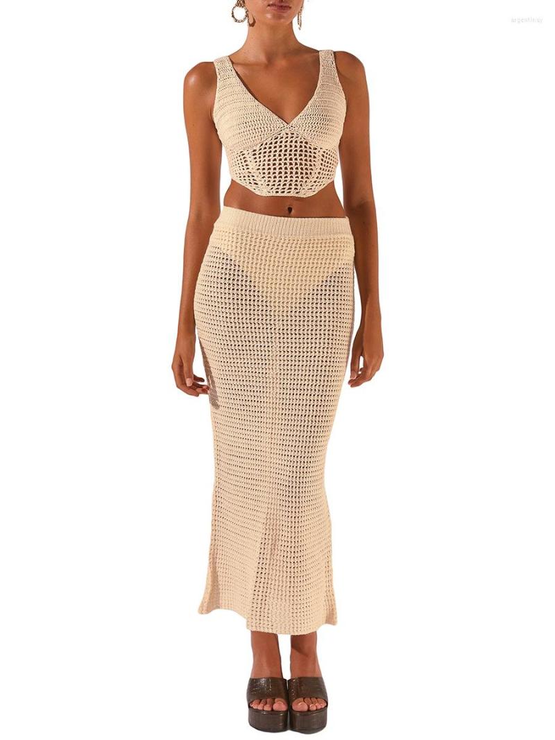 

Work Dresses Women S Hollow Knit Skirt Set Sleeveless V-neck Vest With Out Long Beach Bikini Cover Up Sets, Creamy white