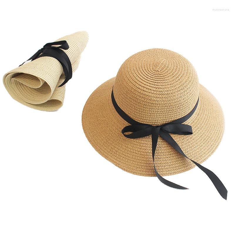 

Wide Brim Hats Summer Straw Hat Women Solid Beach Sun Foldable Bow Panama Block UV Protection Chapeu Feminino Bone, White