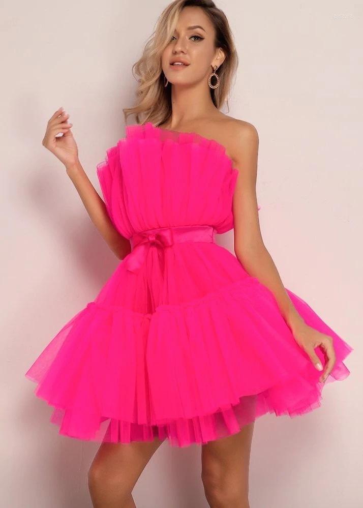 

Casual Dresses Mesh Solid Pink Ruched Halloween Dress Women Sashes Strapless Club Loose Backless High Waist Sexy Party Vestido, 01