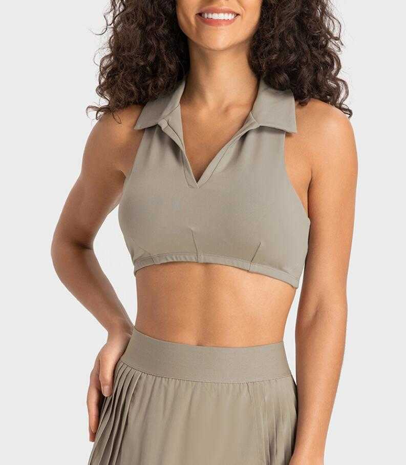 

LU-380 Polo Neck Tank Tops with Paaded Bra Sports Outdoor Vest High Intensity Shockproof Women's Shirt Gym Underwear, Green