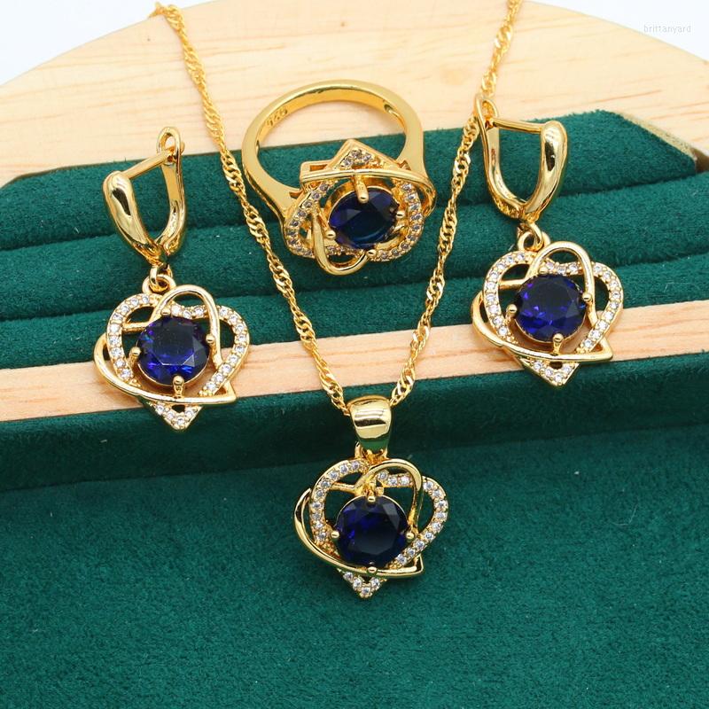 

Necklace Earrings Set Cardioid Gold Color For Women Wedding Blue Zircon Pendant Bride Ring Christmas Gift, Picture shown