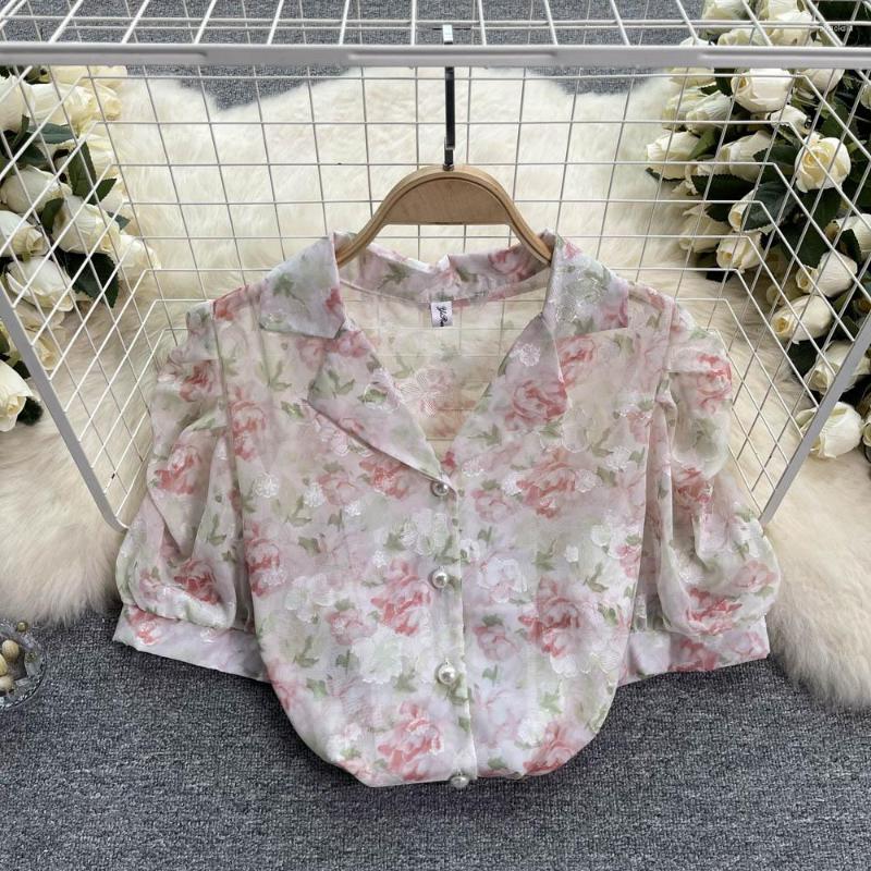 

Women's Blouses Retro Blouse Shirt Women's Summer Fashion Thin Netched Short Bubble Sleeve Loose And Slim Casual Tops Mujer K305, Green