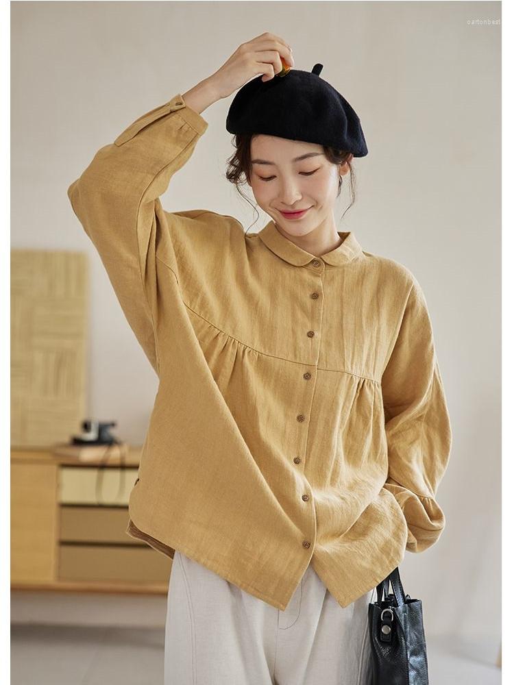 

Women's Blouses Spring Cotton Linen Women Shirt Ruffle Lantern Long Sleeve Blouse Vintage Solid Color Loose Shirts Tops Casual, Yellow