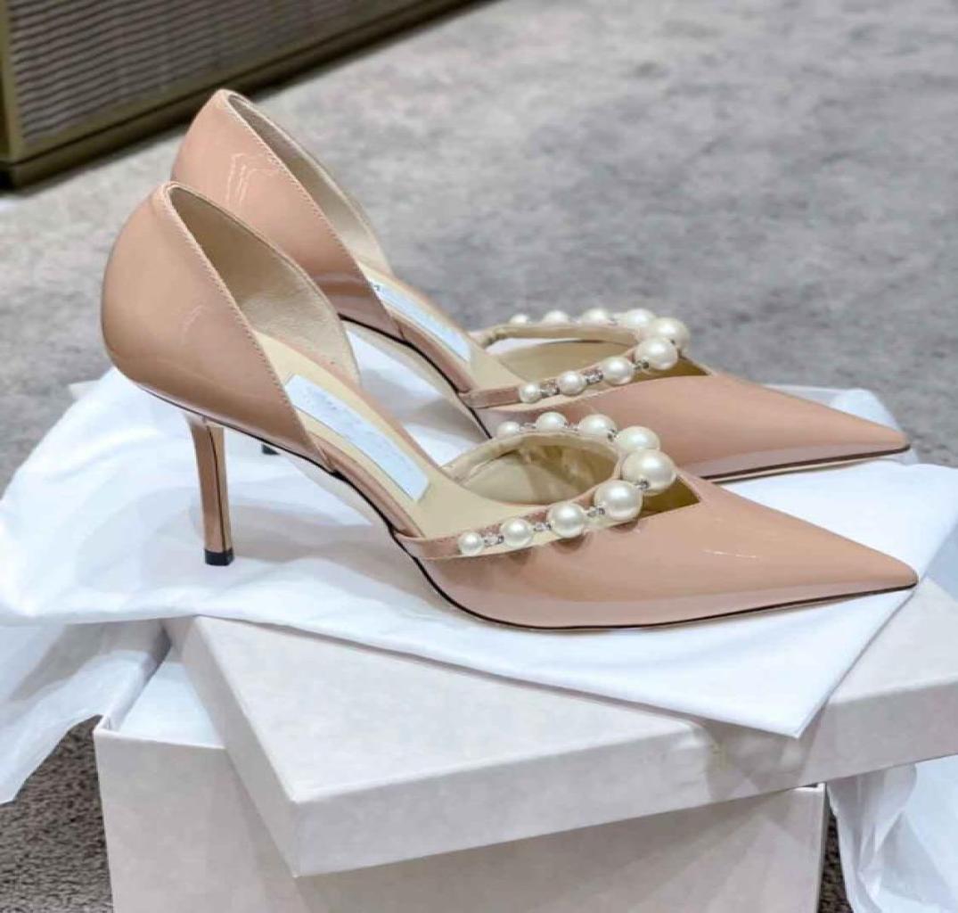 

Luxurious Summer Aurelie Sandals Shoes Pearls Strappy Black Nude White Patent Leather Women Pointed Toe Pumps PartyWeddingBridal6516774, Pink