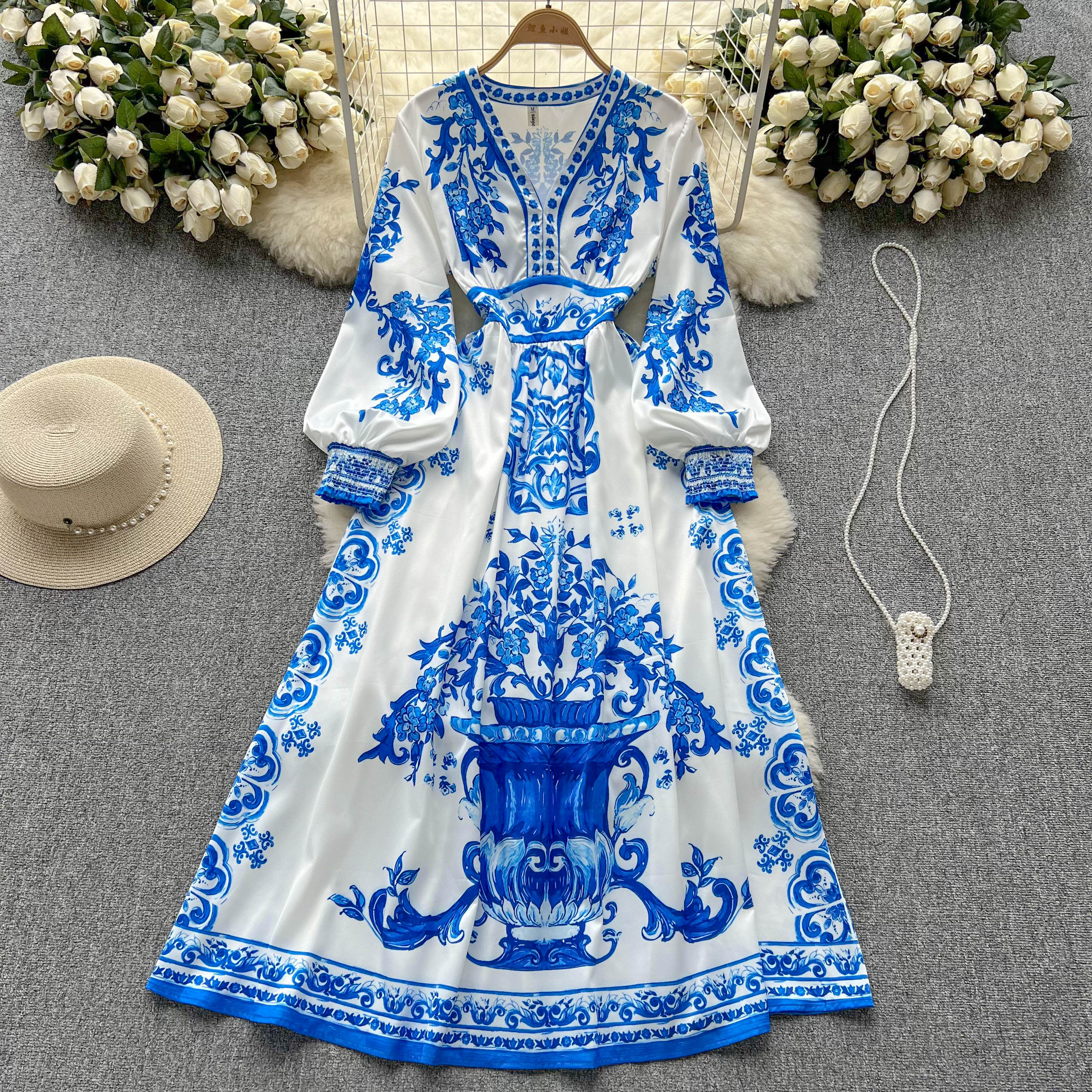 

French Vintage Court Style Dress Blue and white porcelain Print Dress Premium V-neck Waist Long Sleeve Swing Long Dress