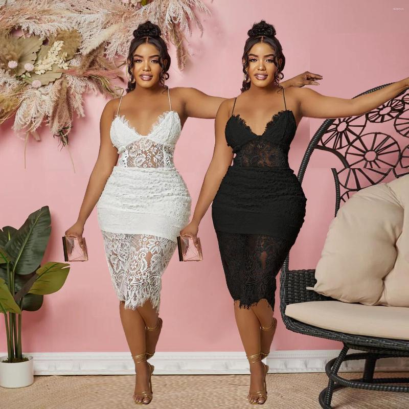 

Casual Dresses Evening Gowns For Women Elegant Party 2023 In Sexy Sleeveless See-through Slim Lace Splicing Halter Dress Nightclub, Black