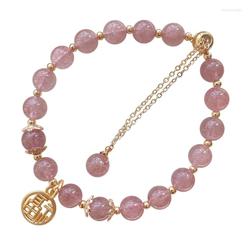 

Strand Peach Blossom Strawberry Natural Crystal Bracelets Round Beads With Blessing Pendant Sweet Bracelet For Girl Gift Jewelry