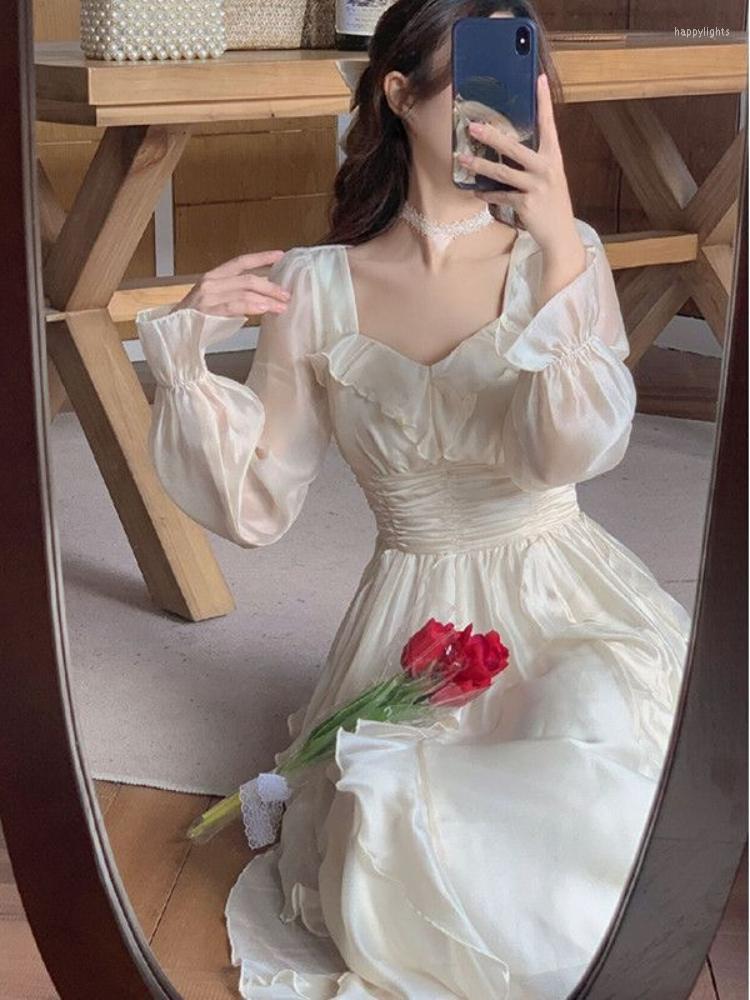 

Casual Dresses 2023 Summer Elegant Even Party Dress Office Lady Long Sleeve Vintage Midi Women Beach Style One Piece Korean, Beige